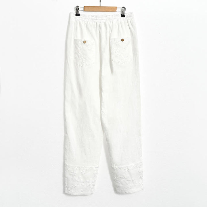 Buddha Stones Weiße Spitze Patchwork Design Damen Baumwoll-Leinen-Hose mit Taschen - image 6