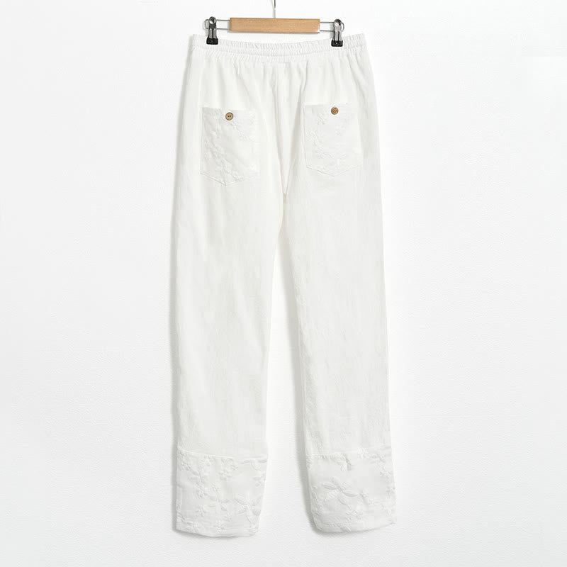 Buddha Stones Weiße Spitze Patchwork Design Damen Baumwoll-Leinen-Hose mit Taschen - image 7