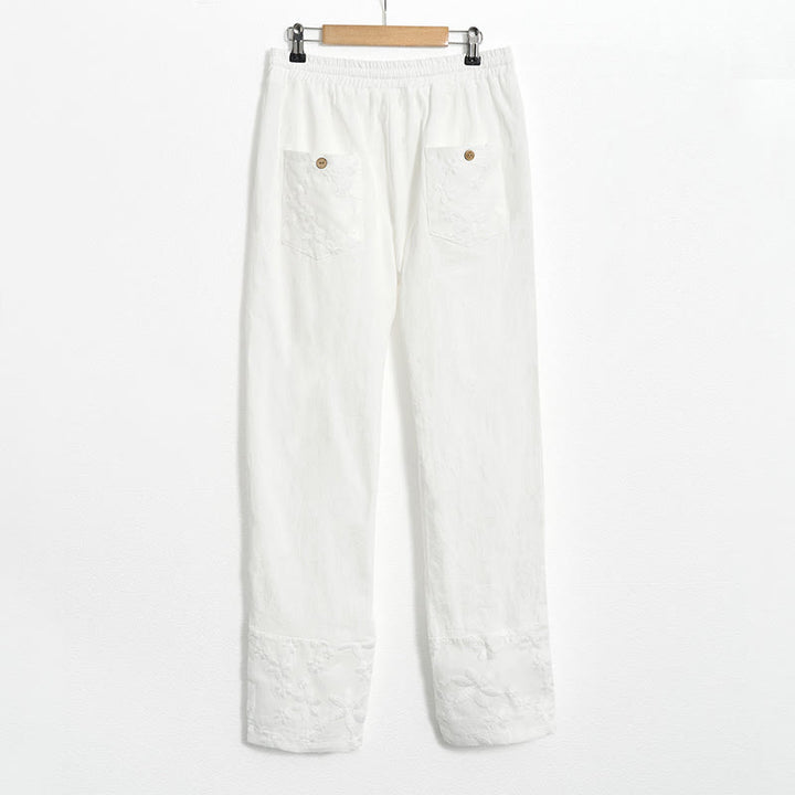 Buddha Stones Weiße Spitze Patchwork Design Damen Baumwoll-Leinen-Hose mit Taschen - image 7