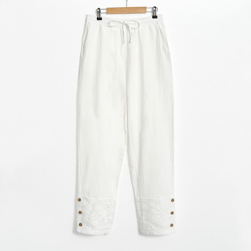 Buddha Stones Weiße Spitze Patchwork Design Damen Baumwoll-Leinen-Hose mit Taschen - image 5