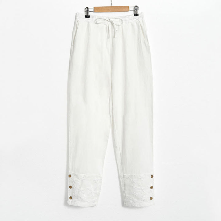 Buddha Stones Weiße Spitze Patchwork Design Damen Baumwoll-Leinen-Hose mit Taschen - image 5