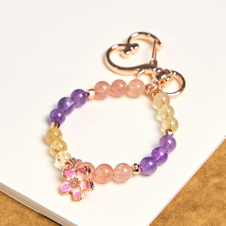 Buddha Stones Natürlicher Erdbeerquarz Amethyst Citrin Liebesblumen-Charme Schlüsselanhänger Hängende Dekoration