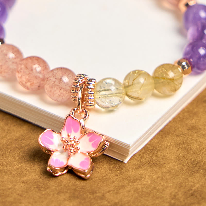 Buddha Stones Natürlicher Erdbeerquarz Amethyst Citrin Liebesblumen-Charme Schlüsselanhänger Hängende Dekoration