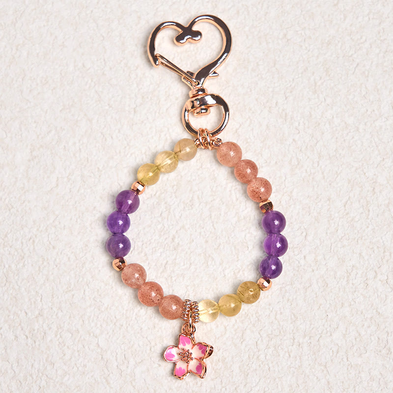Buddha Stones Natürlicher Erdbeerquarz Amethyst Citrin Liebesblumen-Charme Schlüsselanhänger Hängende Dekoration