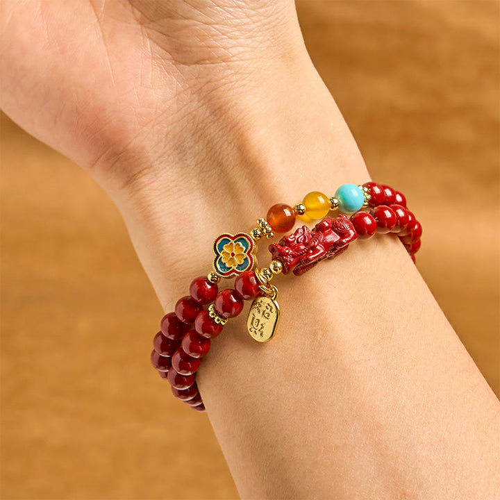 Buddha Stones Zinnober PiXiu Fu Charakter Segen Doppelwickelarmband