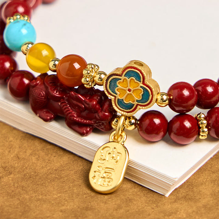 Buddha Stones Zinnober PiXiu Fu Charakter Segen Doppelwickelarmband