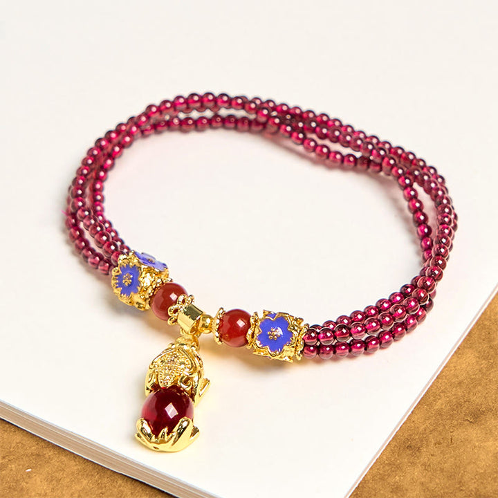 Buddha Stones Natürliche 3mm Granatperlen PiXiu Blumenreinigung Mehrschichtiges Armband