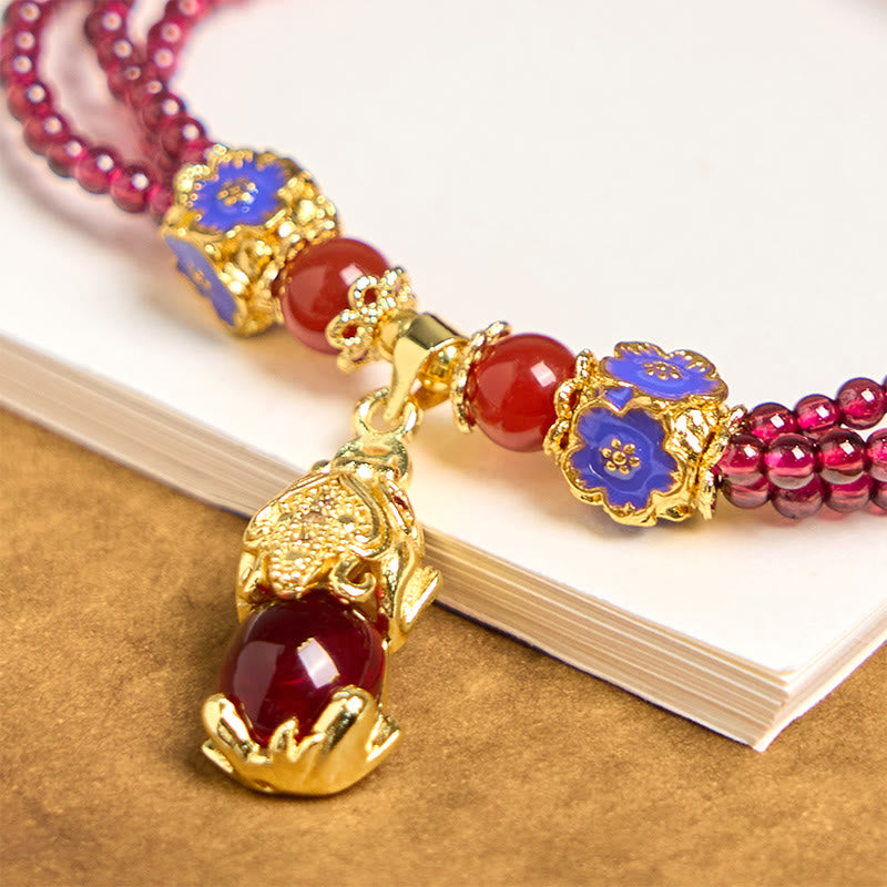 Buddha Stones Natürliche 3mm Granatperlen PiXiu Blumenreinigung Mehrschichtiges Armband