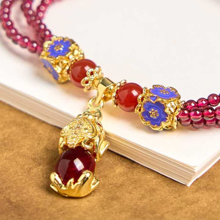 Buddha Stones Natürliche 3mm Granatperlen PiXiu Blumenreinigung Mehrschichtiges Armband