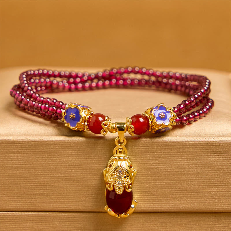 Buddha Stones Natürliche 3mm Granatperlen PiXiu Blumenreinigung Mehrschichtiges Armband