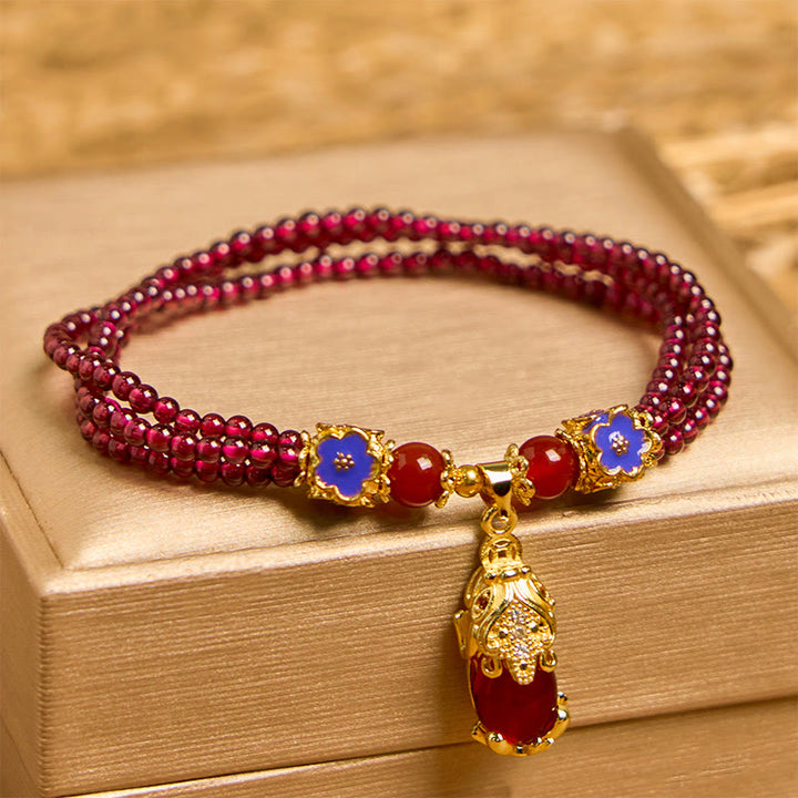 Buddha Stones Natürliche 3mm Granatperlen PiXiu Blumenreinigung Mehrschichtiges Armband