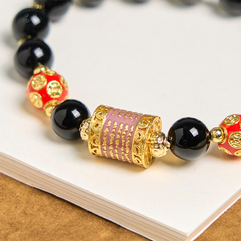 Buddha Stones Natürlicher schwarzer Onyx Fünf Schrift Kupfermünzen Glücksarmband