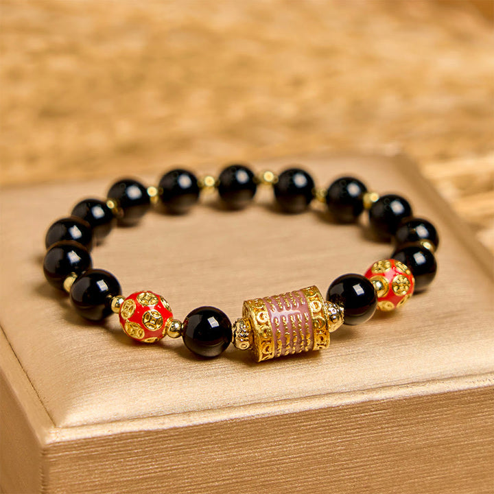 Buddha Stones Natürlicher schwarzer Onyx Fünf Schrift Kupfermünzen Glücksarmband