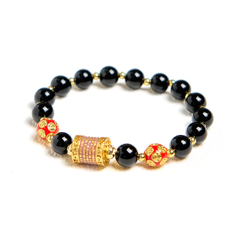 Buddha Stones Natürlicher schwarzer Onyx Fünf Schrift Kupfermünzen Glücksarmband
