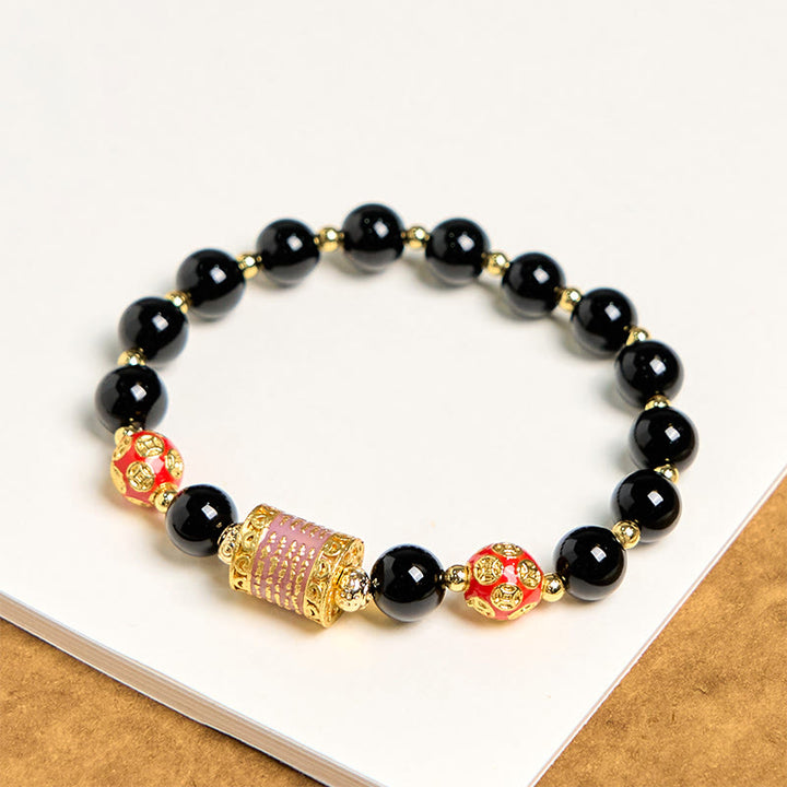 Buddha Stones Natürlicher schwarzer Onyx Fünf Schrift Kupfermünzen Glücksarmband