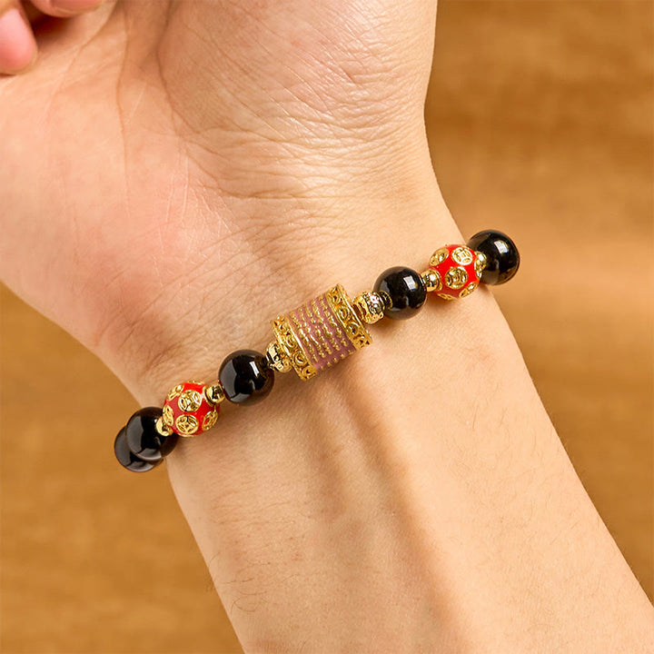 Buddha Stones Natürlicher schwarzer Onyx Fünf Schrift Kupfermünzen Glücksarmband