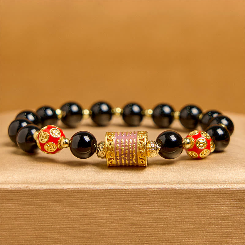 Buddha Stones Natürlicher schwarzer Onyx Fünf Schrift Kupfermünzen Glücksarmband