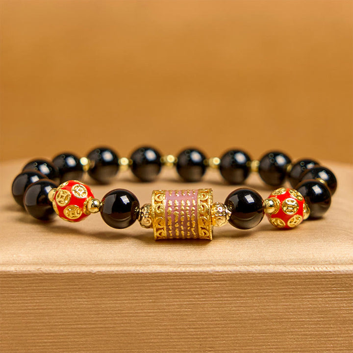 Buddha Stones Natürlicher schwarzer Onyx Fünf Schrift Kupfermünzen Glücksarmband
