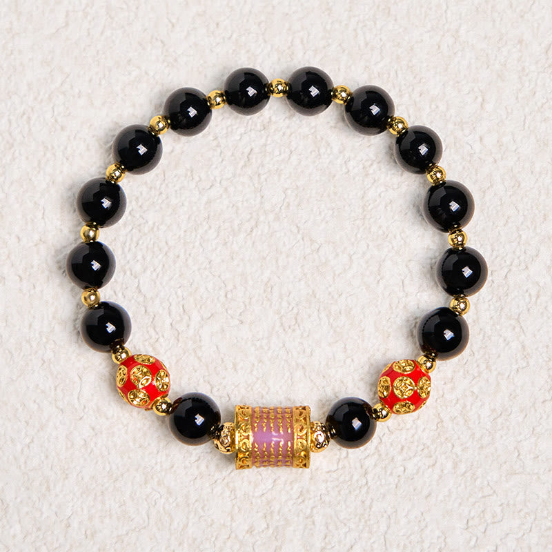 Buddha Stones Natürlicher schwarzer Onyx Fünf Schrift Kupfermünzen Glücksarmband