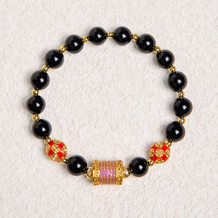 Buddha Stones Natürlicher schwarzer Onyx Fünf Schrift Kupfermünzen Glücksarmband