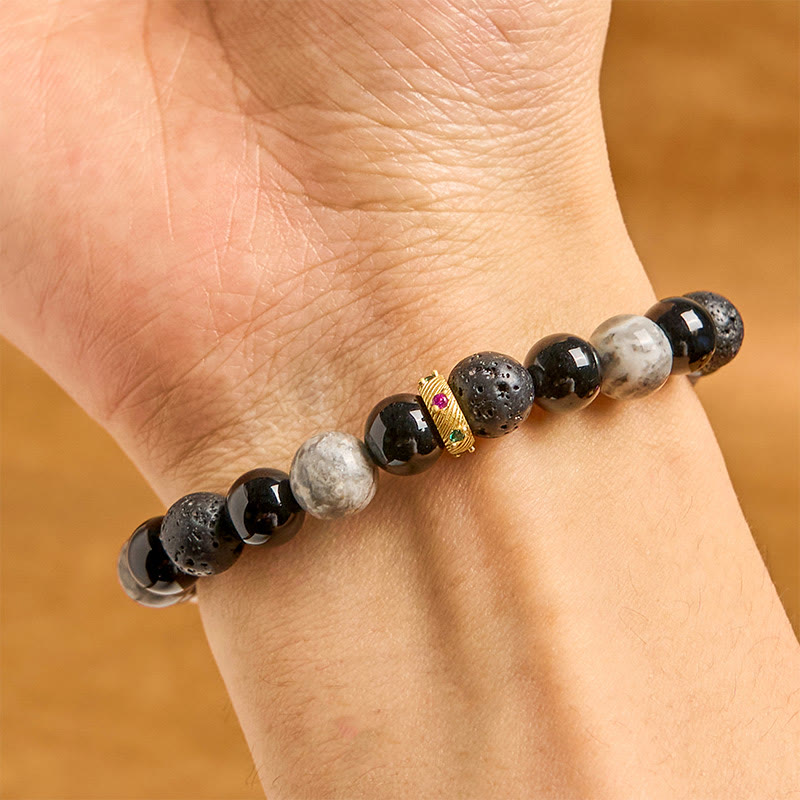 Buddha Stones Lava Rock Schwarzer Onyx Picasso Jaspis Heilarmband