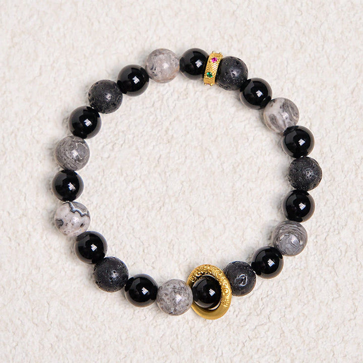 Buddha Stones Lava Rock Schwarzer Onyx Picasso Jaspis Heilarmband