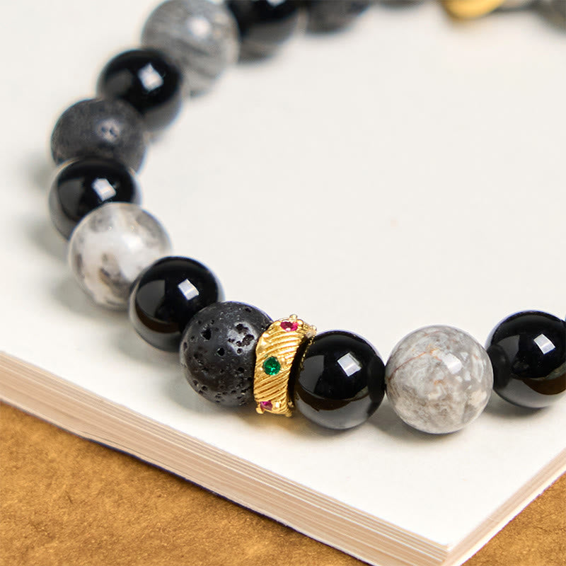 Buddha Stones Lava Rock Schwarzer Onyx Picasso Jaspis Heilarmband