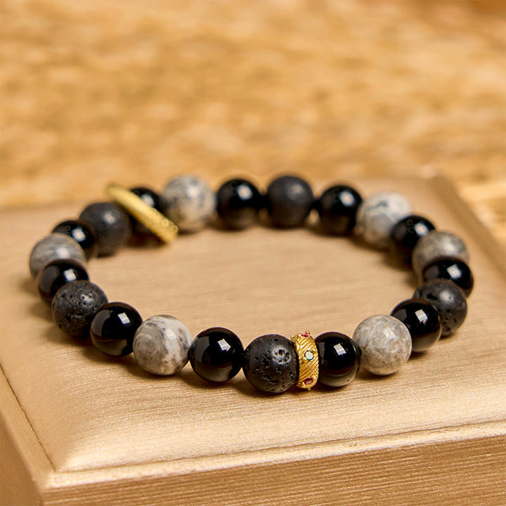 Buddha Stones Lava Rock Schwarzer Onyx Picasso Jaspis Heilarmband
