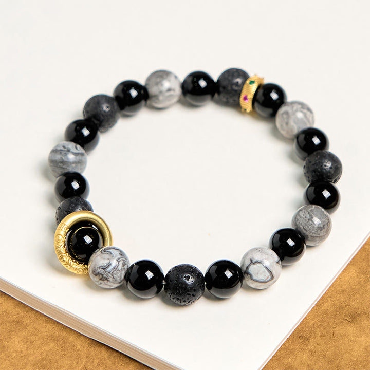 Buddha Stones Lava Rock Schwarzer Onyx Picasso Jaspis Heilarmband