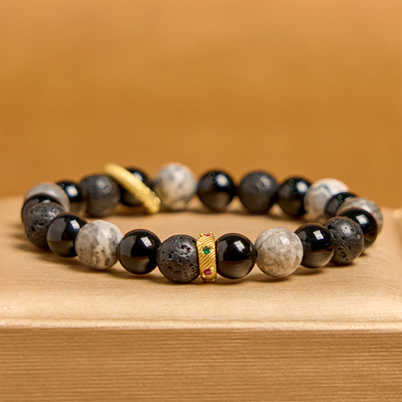 Buddha Stones Lava Rock Schwarzer Onyx Picasso Jaspis Heilarmband