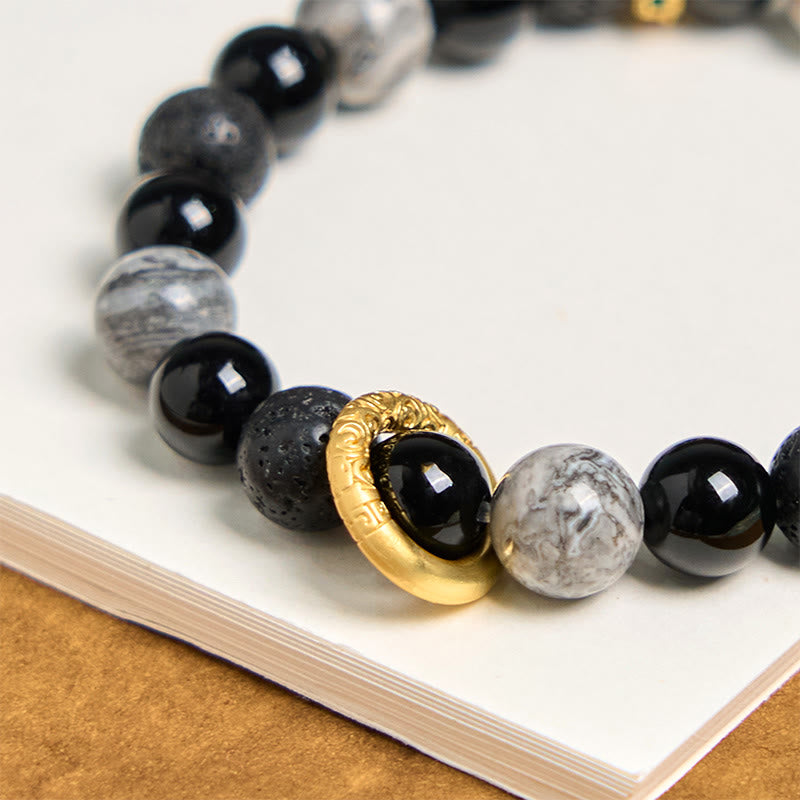 Buddha Stones Lava Rock Schwarzer Onyx Picasso Jaspis Heilarmband