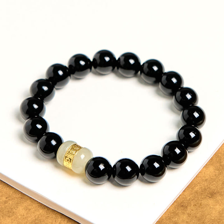 Buddha Stones Stützarmband aus natürlichem schwarzem Onyx und Jade