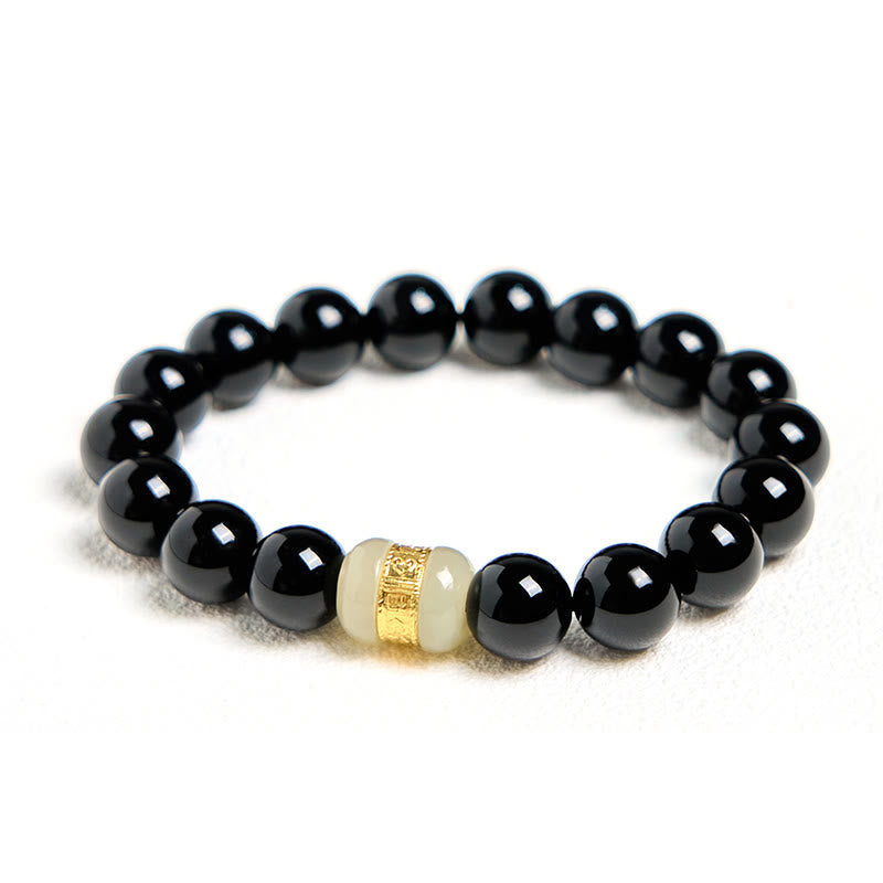 Buddha Stones Stützarmband aus natürlichem schwarzem Onyx und Jade