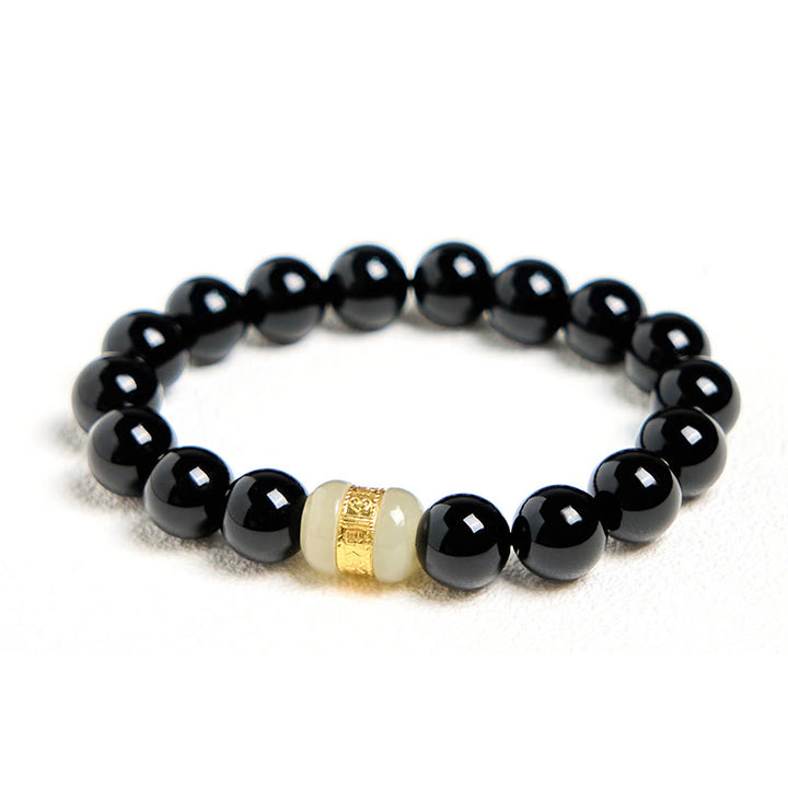 Buddha Stones Stützarmband aus natürlichem schwarzem Onyx und Jade