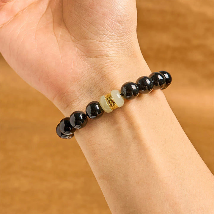 Buddha Stones Stützarmband aus natürlichem schwarzem Onyx und Jade