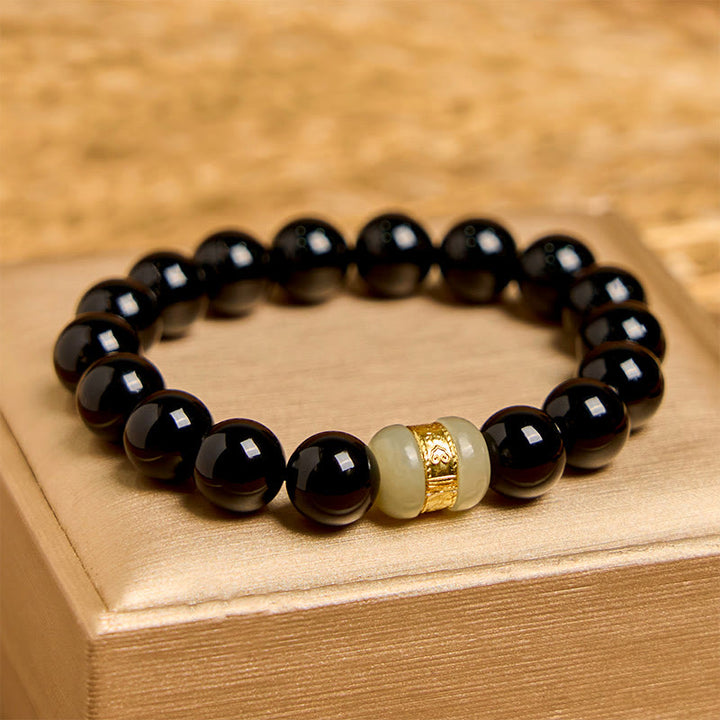 Buddha Stones Stützarmband aus natürlichem schwarzem Onyx und Jade