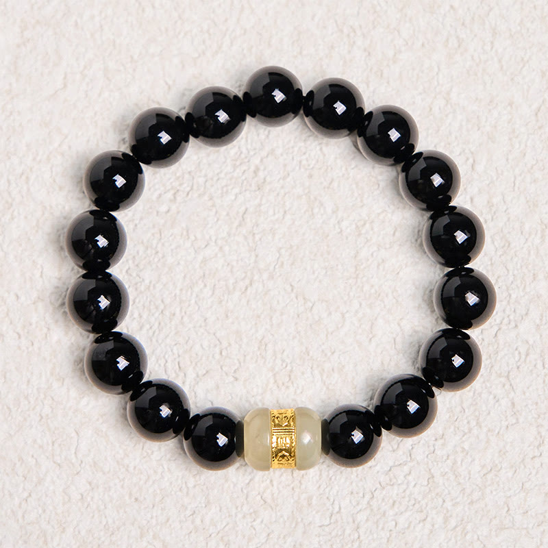 Buddha Stones Stützarmband aus natürlichem schwarzem Onyx und Jade
