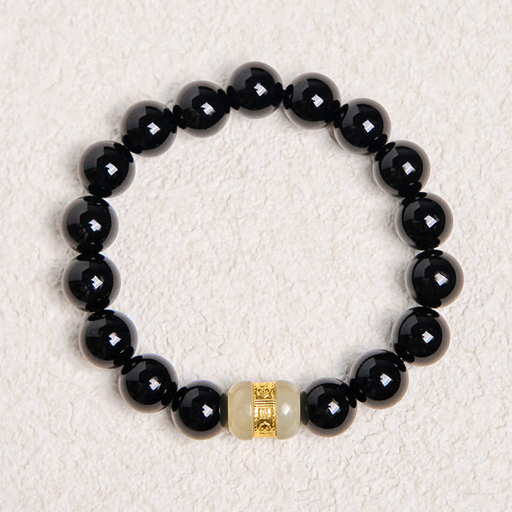 Buddha Stones Stützarmband aus natürlichem schwarzem Onyx und Jade