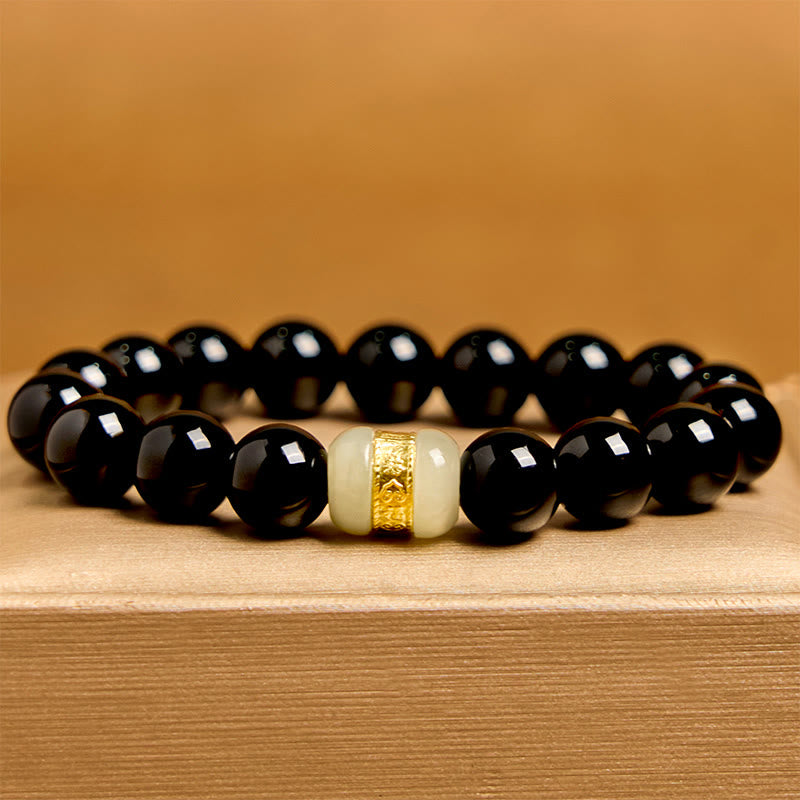 Buddha Stones Stützarmband aus natürlichem schwarzem Onyx und Jade
