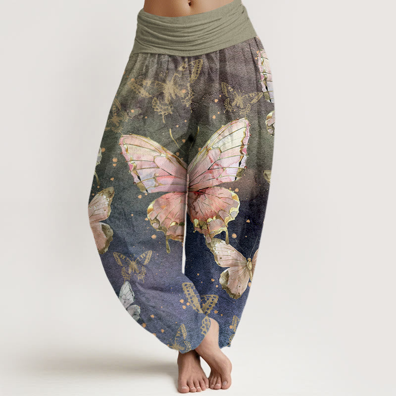 Buddha Stones Vintage Schmetterlingsmuster Damen Haremshose mit elastischer Taille - DunkelMeergrün - US22， UK/AU26，EU54 (6XL) - image 1