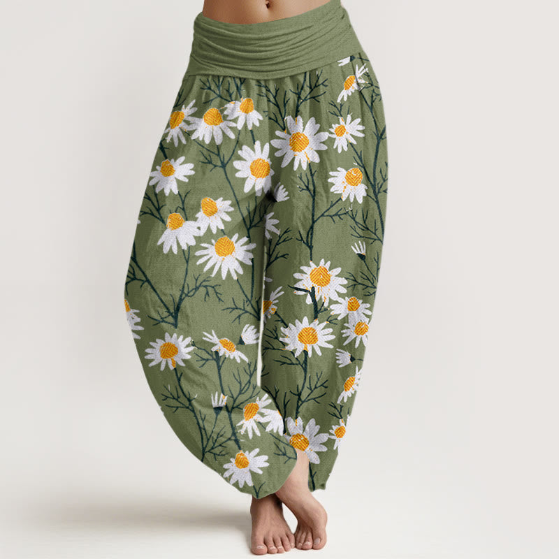 Buddha Stones Weiße Blütenblätter Gänseblümchenmuster Damen Haremshose mit elastischer Taille - Limettengrün - US22， UK/AU26，EU54 (6XL) - image 1