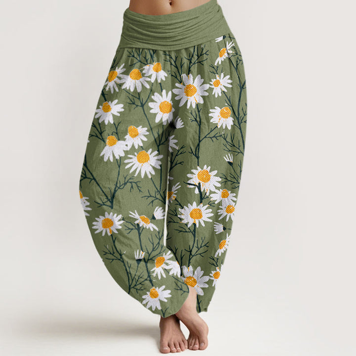 Buddha Stones Weiße Blütenblätter Gänseblümchenmuster Damen Haremshose mit elastischer Taille - Limettengrün - US22， UK/AU26，EU54 (6XL) - image 1