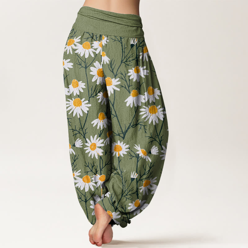 Buddha Stones Weiße Blütenblätter Gänseblümchenmuster Damen Haremshose mit elastischer Taille - image 2