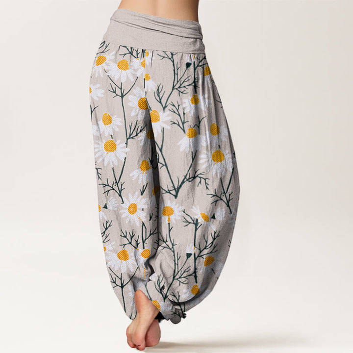 Buddha Stones Weiße Blütenblätter Gänseblümchenmuster Damen Haremshose mit elastischer Taille - image 9