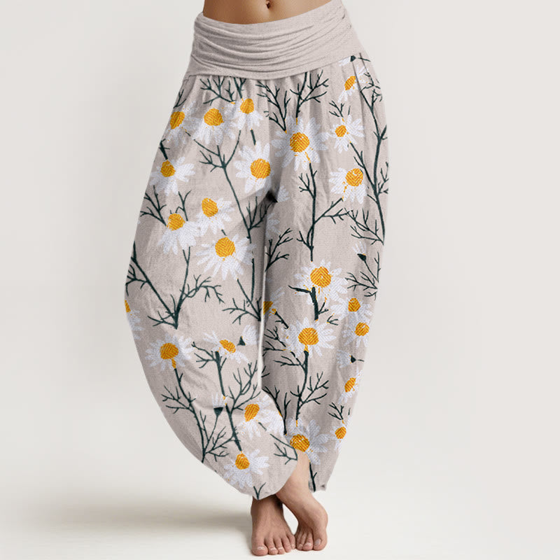Buddha Stones Weiße Blütenblätter Gänseblümchenmuster Damen Haremshose mit elastischer Taille - Beige - US22, UK/AU26, EU54 (6XL) - image 7