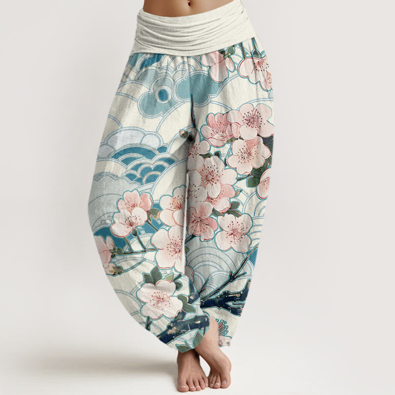 Buddha Stones Damen Haremshose mit elastischer Taille und Kirschblüten-Wellenmuster - Königsblau - US22， UK/AU26，EU54 (6XL) - image 1