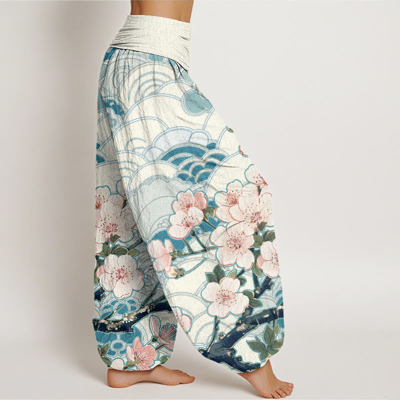 Buddha Stones Damen Haremshose mit elastischer Taille und Kirschblüten-Wellenmuster - image 3