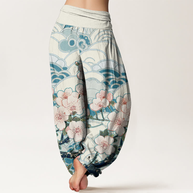 Buddha Stones Damen Haremshose mit elastischer Taille und Kirschblüten-Wellenmuster - image 2