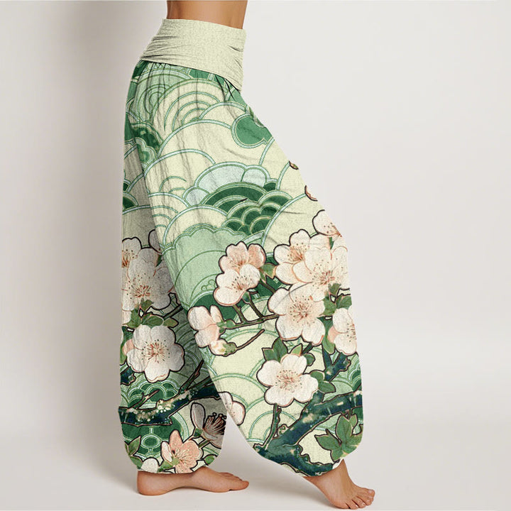 Buddha Stones Damen Haremshose mit elastischer Taille und Kirschblüten-Wellenmuster - image 7