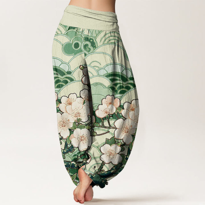 Buddha Stones Damen Haremshose mit elastischer Taille und Kirschblüten-Wellenmuster - image 6